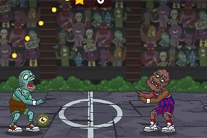 Två tecknade monster, en zombie och en varulv, spelar basket på en bana framför en publik av fler monster