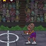Två tecknade monster, en zombie och en varulv, spelar basket på en bana framför en publik av fler monster