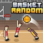 Fyra tecknade basketspelare i pixelgrafik hoppar på en plan med en orange boll i fokus