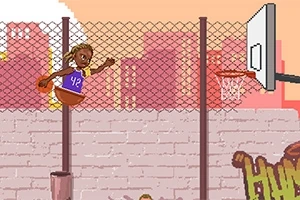 En pixelkonstbild visar en basketspelare som dunkar bollen i en korg på en utomhusbana, med en stadssilhuett i bakgrunden