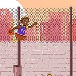 En pixelkonstbild visar en basketspelare som dunkar bollen i en korg på en utomhusbana, med en stadssilhuett i bakgrunden