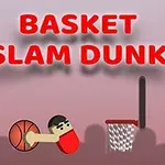 En tecknad figur i röda kläder utför en slam dunk med en basketboll mot en korg, med texten BASKET SLAM DUNK ovanför