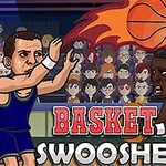 Två tecknade basketspelare i action framför en stor publik och en basketboll i eldflammor