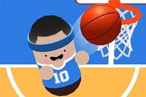 En tecknad figur med nummer 10 och ett pannband spelar basket och dunkar bollen i korgen på en basketplan