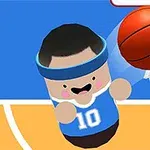 En tecknad figur med nummer 10 och ett pannband spelar basket och dunkar bollen i korgen på en basketplan