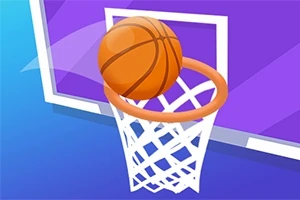 En tecknad basketboll som precis går genom en basketkorg med lila bakgrund