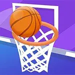 En tecknad basketboll som precis går genom en basketkorg med lila bakgrund