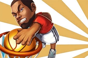 Tecknad figur i röd tröja dunkar en basketboll i en korg