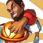 Tecknad figur i röd tröja dunkar en basketboll i en korg