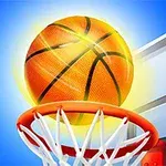 En basketboll som är på väg genom en korg i en tecknad stil med en blå bakgrund