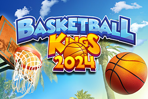 Tecknad bild med en basketboll, en basketkorg och text som säger Basketball Kings 2024 mot en bakgrund av palmer och blå himmel
