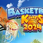 Tecknad bild med en basketboll, en basketkorg och text som säger Basketball Kings 2024 mot en bakgrund av palmer och blå himmel