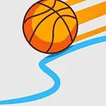En färgglad penna med blått streck och en basketboll i rörelse mot en ljus bakgrund