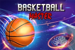 En basketboll svävar mot en basketkorg på en färgglad och dynamisk bakgrund med texten Basketball Master i övre delen