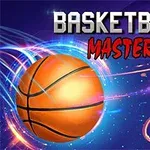 En basketboll svävar mot en basketkorg på en färgglad och dynamisk bakgrund med texten Basketball Master i övre delen