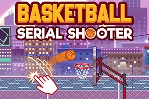 En tecknad bild av ett basketspel med en fingerpekare, en boll som flyger mot en korg, och färgglad stadsmiljö i bakgrunden