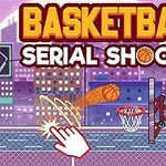 En tecknad bild av ett basketspel med en fingerpekare, en boll som flyger mot en korg, och färgglad stadsmiljö i bakgrunden