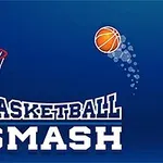 Basketkorg med en basketboll som flyger mot den och texten Basketball Smash mot en blå bakgrund