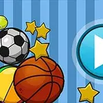 Flera bollar, stjärnor och en stor spelknapp på en randig bakgrund