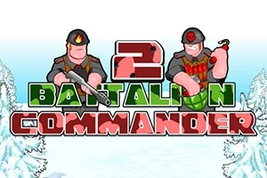 Två tecknade soldater i hjälmar med vapen och granater framför texten Battalion Commander 2 med snöig bakgrund