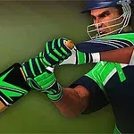 En animerad kricketspelare i grön utrustning slår en boll med en träslagträ