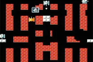Battle City Ett pixelart-labyrintspel med röda tegelvÀggar och olika symboler pÄ en svart bakgrund
