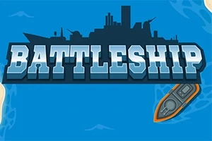 Blå bakgrund med silhuetten av ett slagskepp ovanför ordet BATTLESHIP och en illustration av en båt i det nedre högra hörnet
