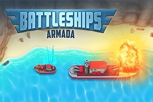 Två fartyg i ett turkost hav, det ena sprängs med en stor eldexplosion, med titeln Battleships Armada ovanför