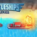 Två fartyg i ett turkost hav, det ena sprängs med en stor eldexplosion, med titeln Battleships Armada ovanför