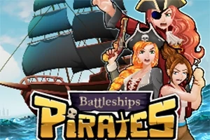Tre pirater med olika uttryck står framför ett stort segelskepp med texten Battleships Pirates i förgrunden