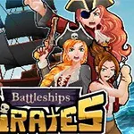 Tre pirater med olika uttryck står framför ett stort segelskepp med texten Battleships Pirates i förgrunden