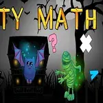 Texten Batty Math visas ovanför en scen med en fladdermus, två mumier och matematiska symboler mot en mörk bakgrund med silhuetter av träd