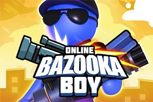 Blå karaktär med solglasögon och keps håller en bazooka framför texten Online Bazooka Boy mot en stadssilhuett