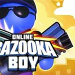 Blå karaktär med solglasögon och keps håller en bazooka framför texten Online Bazooka Boy mot en stadssilhuett