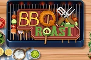 En grill fylld med grönsaker, kött och ordet BBQ ROAST bildat av matbitar, omgiven av grilltillbehör som citroner och örter