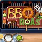 En grill fylld med grönsaker, kött och ordet BBQ ROAST bildat av matbitar, omgiven av grilltillbehör som citroner och örter