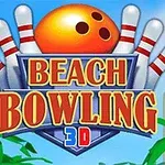 En illustration med en bowlingklot och käglor, med texten Beach Bowling 3D i ljusa färger och palmer i bakgrunden