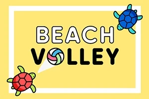 Två tecknade sköldpaddor i rött och blått omger texten BEACH VOLLEY med en volleyboll på en gul bakgrund