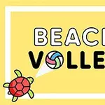 Två tecknade sköldpaddor i rött och blått omger texten BEACH VOLLEY med en volleyboll på en gul bakgrund