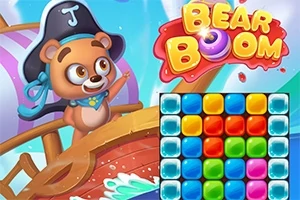 En tecknad björn med pirathatt på ett skepp bredvid ett rutnät av färgglada block och texten Bear Boom