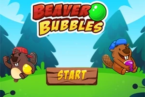 Två tecknade bävrar med färgglada hattar och bollar framför en skogsbakgrund med texten Beaver Bubbles ovanför och en Start-knapp i mitten