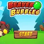 Två tecknade bävrar med färgglada hattar och bollar framför en skogsbakgrund med texten Beaver Bubbles ovanför och en Start-knapp i mitten