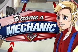 Tecknad bild av en mekaniker med ljust hår och röd jacka bredvid en skylt med texten Become a Mechanic i ett garage