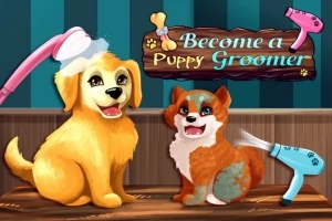 Två tecknade hundar, en gul och en brun och vit, med duschmunstycke och hårtork, med texten Become a Puppy Groomer på en skylt