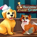 Två tecknade hundar, en gul och en brun och vit, med duschmunstycke och hårtork, med texten Become a Puppy Groomer på en skylt