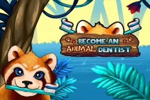 Tecknad röd panda hållande en tandborste i en djungelmiljö med texten Become an Animal Dentist på en träskylt