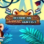 Tecknad röd panda hållande en tandborste i en djungelmiljö med texten Become an Animal Dentist på en träskylt