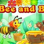 Tecknad bild av en glad bi och en nallebjörn som äter honung i en blommig skogsmiljö