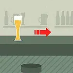 Ett glas öl står på en bardisk med en röd pil och en skylt som visar 300m i bakgrunden