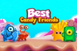 Färgglada figurer i olika former med ögon står på en rosa yta med texten Best Candy Friends ovanför